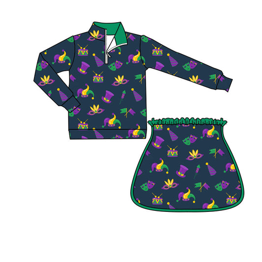 10.1 GLD1369 Pre order No Moq Yoga fabric Baby Girls Mardigras Anchors Masks Zipper Pullovers Skirt Shorts Yoga Clothes Set