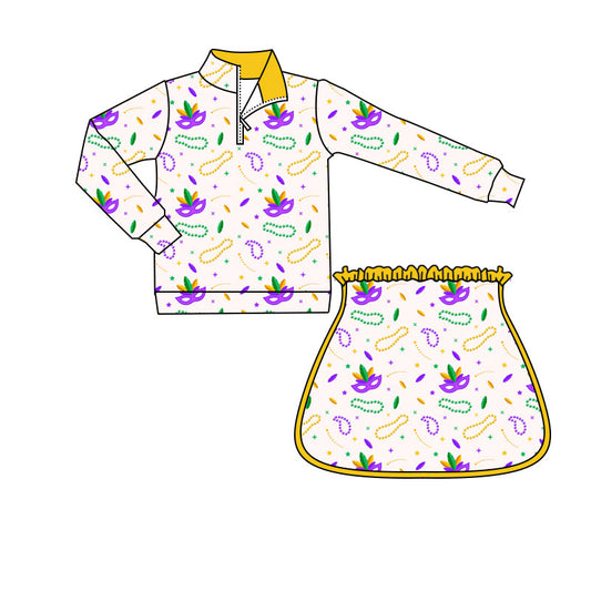 10.1 GLD1370 Pre order No Moq Yoga fabric Baby Girls Mardigras Anchors Masks Zipper Pullovers Skirt Shorts Yoga Clothes Set