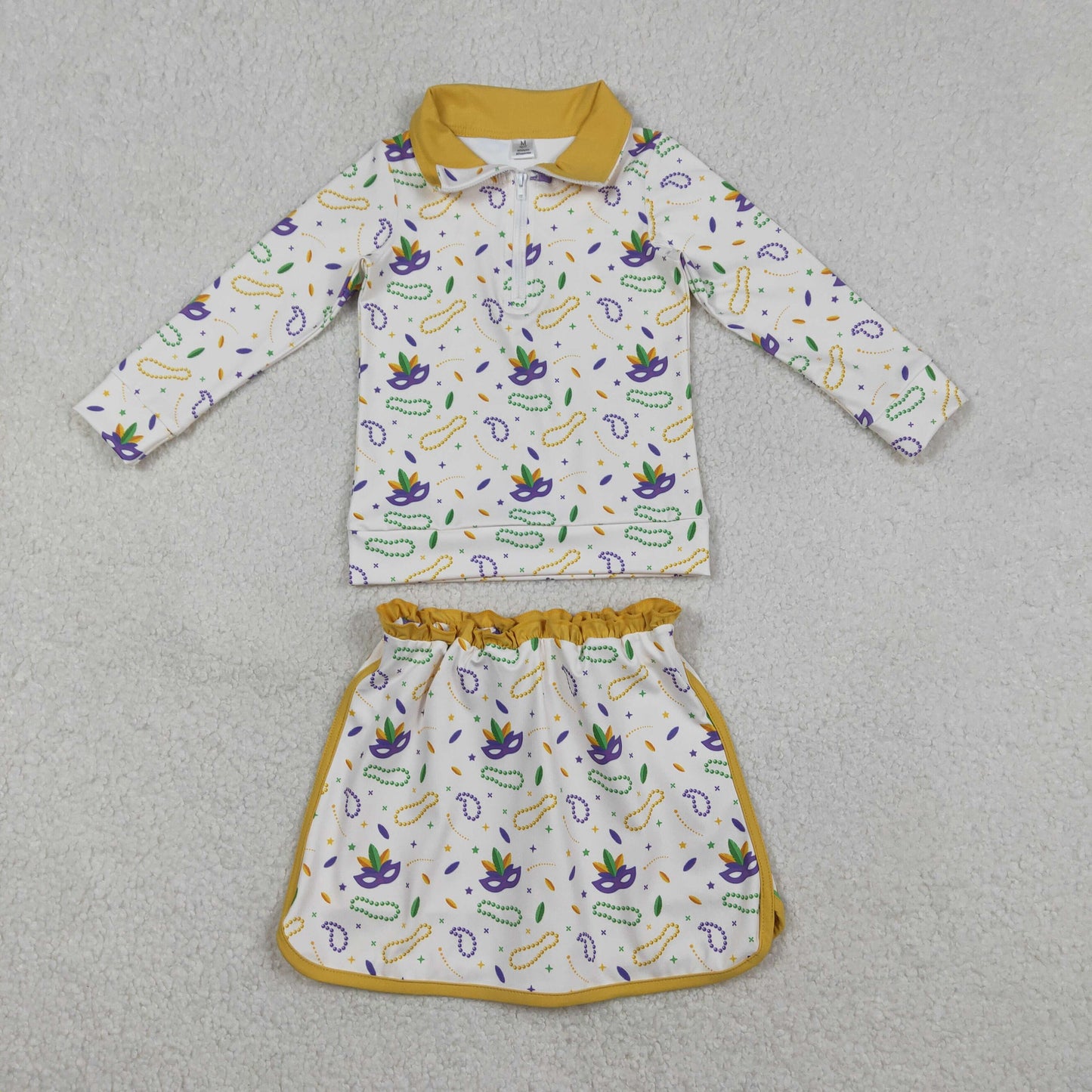 12.29 RTS NO MOQ （In stock）GLD1370 Baby Girls Mardigras Anchors Masks Zip Pullovers Skirt Shorts Yoga Clothes Set