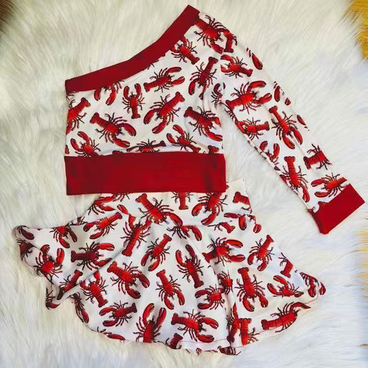 10.10 GLD1377 Pre order No Moq Baby Girls One Shoulder Red Crayfishes Top Skirt Shorts Bottom Clothes Set