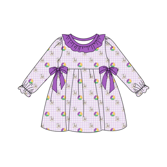 10.13 GLD1379 Pre order No Moq Baby Girls Purple Checked Boots Donuts Bows Mardigras Knee Length Dresses