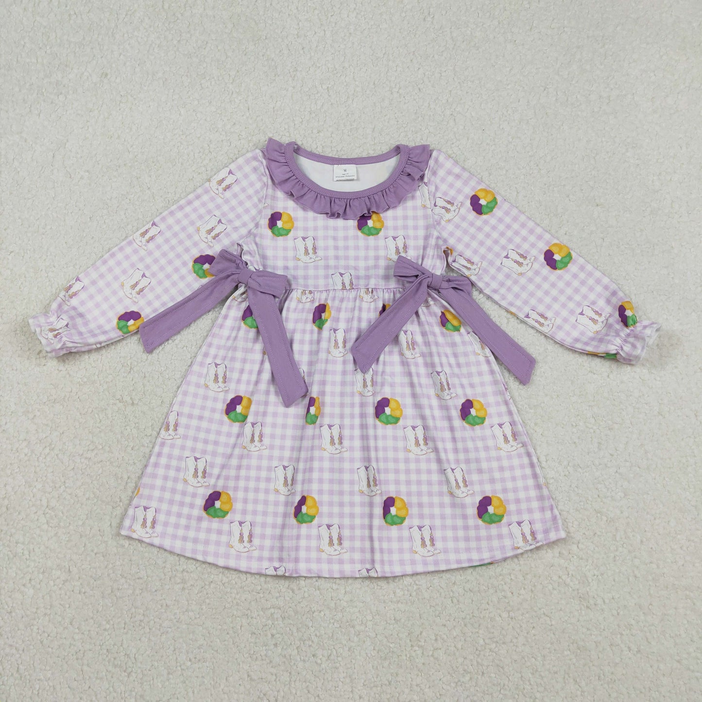 12.12 RTS NO MOQ （In stock）GLD1379 Baby Girls Winter Dress Baby Girls Purple Checked Boots Donuts Bows Mardigras Knee Length Dresses