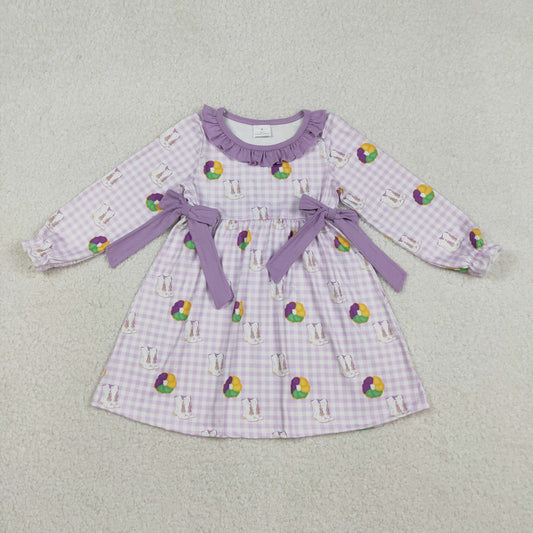 12.12 RTS NO MOQ （In stock）GLD1379 Baby Girls Winter Dress Baby Girls Purple Checked Boots Donuts Bows Mardigras Knee Length Dresses