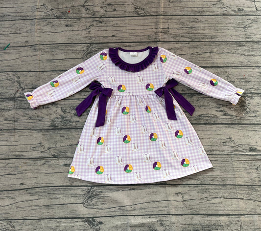 11.14 GLD1379 Sample No Moq Baby Girls Purple Checked Boots Donuts Bows Mardigras Knee Length Dresses