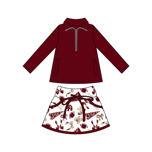 10.14 GLD1384 Pre order No Moq Yoga fabric Baby Girls Dark Red Pullovers Bows Footballs Pockets Skorts Go Team Yoga Clothes Set