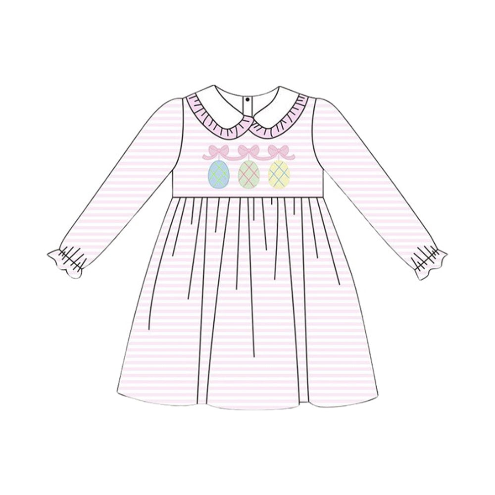 10.14 GLD1385 Pre order No Moq Baby Girls Pink Stripe Bows Eggs Collar Easter Knee Length Dresses