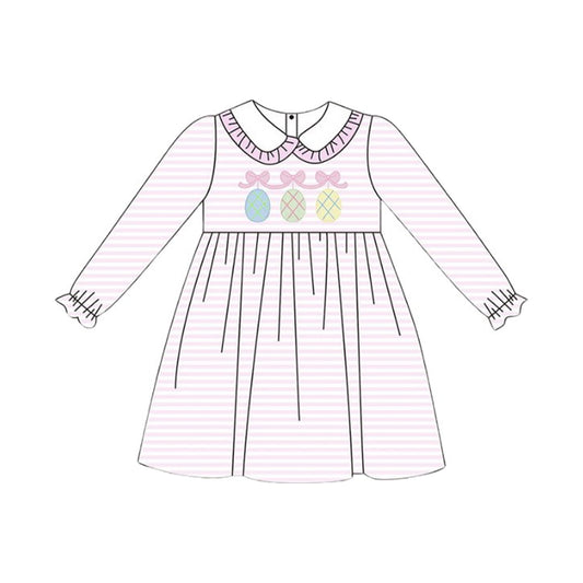 10.14 GLD1385 Pre order No Moq Baby Girls Pink Stripe Bows Eggs Collar Easter Knee Length Dresses