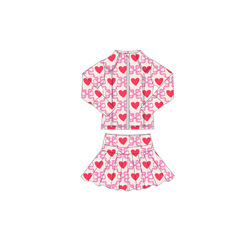 10.17 GLD1390 Pre order No Moq Yoga fabric Baby Girls Pink Bows Hearts Plaid Zipper Jacket Skorts Valentine Yoga Clothes Sets