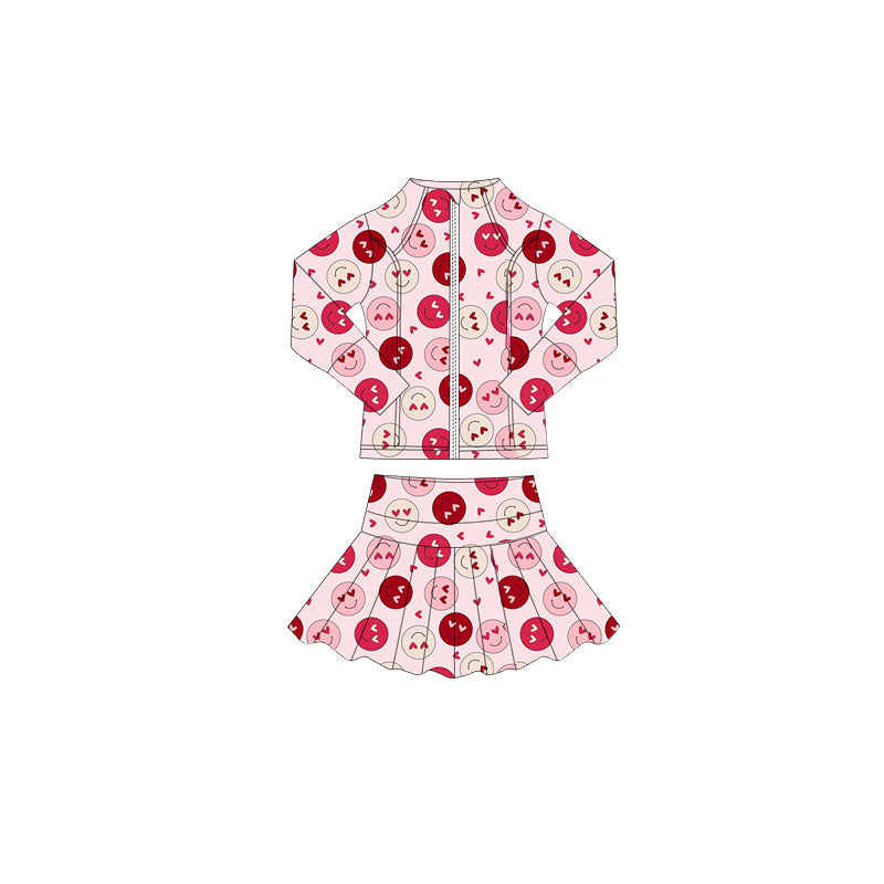 10.17 GLD1391 Pre order No Moq Yoga fabric Baby Girls Pink Smiles Hearts Zipper Jacket Skorts Valentine Yoga Clothes Sets