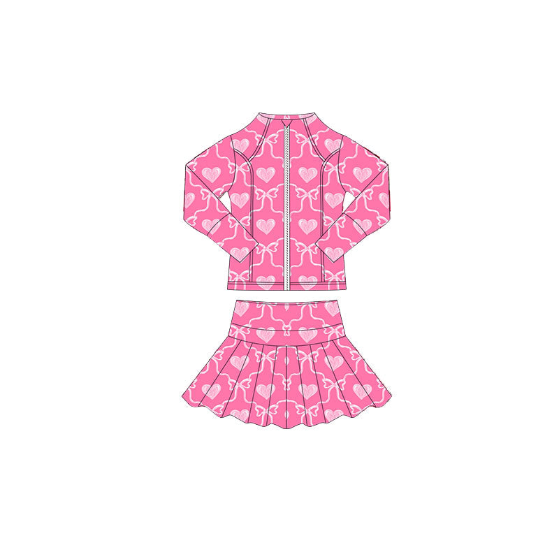 10.17 GLD1392 Pre order No Moq Yoga fabric Baby Girls Pink Bows Hearts Plaid Zipper Jacket Skorts Valentine Yoga Clothes Sets