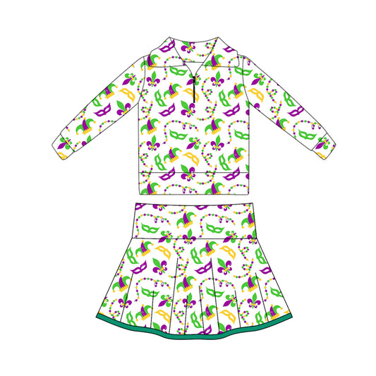 10.17 GLD1396 Pre order No Moq Yoga fabric Baby Girls Mardigras Anchors Masks Zipper Pullovers Skorts Yoga Clothes Sets