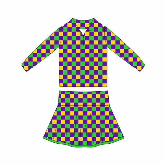 10.17 GLD1397 Pre order No Moq Yoga fabric Baby Girls Mardigras Checked Zipper Pullovers Skorts Yoga Clothes Sets