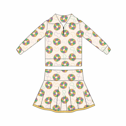 10.17 GLD1398 Pre order No Moq Yoga fabric Baby Girls Mardigras Donuts Lights Zipper Pullovers Skorts Yoga Clothes Sets
