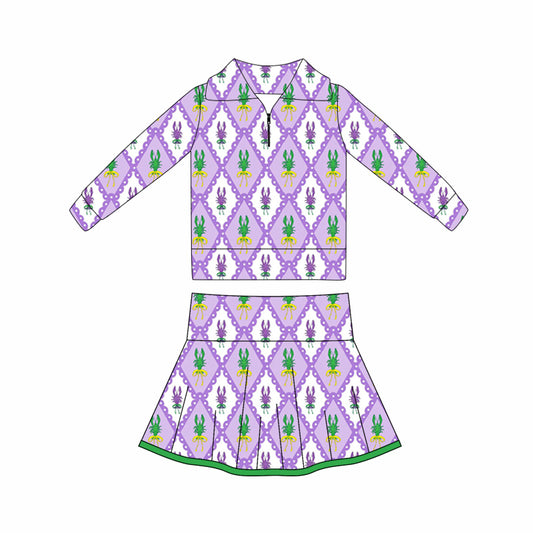 10.17 GLD1399 Pre order No Moq Yoga fabric Baby Girls Mardigras Crayfishes Checked Zipper Pullovers Skorts Yoga Clothes Sets