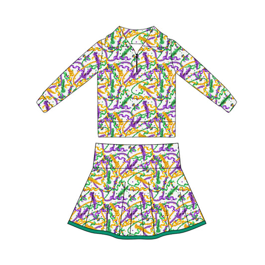 10.17 GLD1404 Pre order No Moq Yoga fabric Baby Girls Mardigras Lights Fur Zipper Pullovers Skorts Yoga Clothes Sets