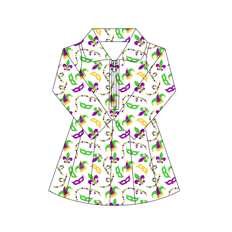 10.17 GLD1406 Pre order No Moq Yoga fabric Baby Girls Mardigras Anchors Masks Yoga Shorts Zipper Knee Length Dresses