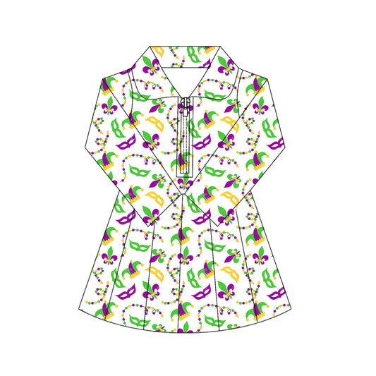 10.17 GLD1406 Pre order No Moq Yoga fabric Baby Girls Mardigras Anchors Masks Yoga Shorts Zipper Knee Length Dresses