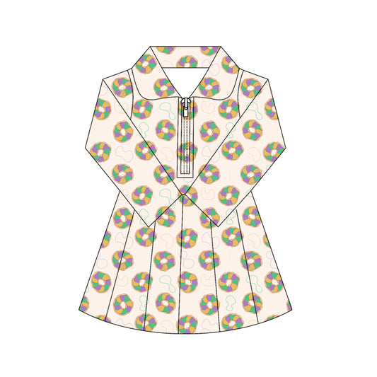 10.17 GLD1408 Pre order No Moq Yoga fabric Baby Girls Mardigras Donuts Lights Yoga Shorts Zipper Knee Length Dresses