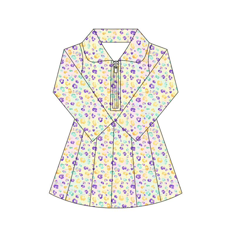 10.17 GLD1410 Pre order No Moq Yoga fabric Baby Girls Mardigras Leopard Yoga Shorts Zipper Knee Length Dresses