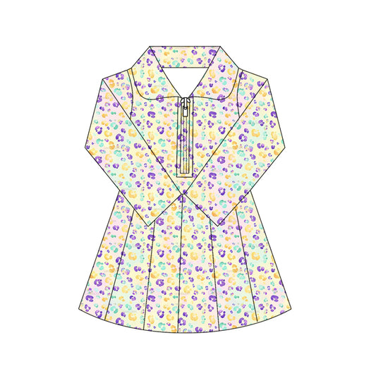 10.17 GLD1410 Pre order No Moq Yoga fabric Baby Girls Mardigras Leopard Yoga Shorts Zipper Knee Length Dresses