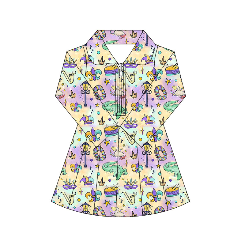 10.17 GLD1411 Pre order No Moq Yoga fabric Baby Girls Mardigras Anchors Crocodiles Yoga Shorts Zipper Knee Length Dresses