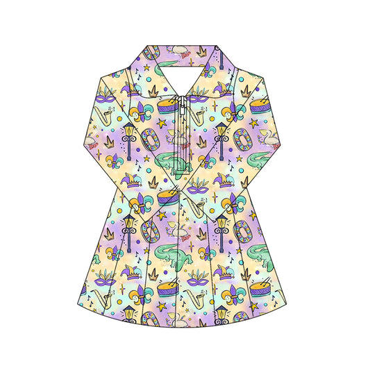 10.17 GLD1411 Pre order No Moq Yoga fabric Baby Girls Mardigras Anchors Crocodiles Yoga Shorts Zipper Knee Length Dresses