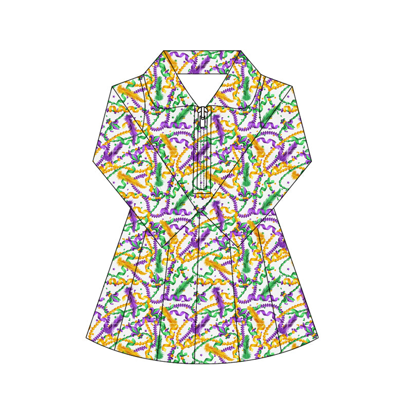 10.17 GLD1414 Pre order No Moq Yoga fabric Baby Girls Mardigras Lights Fur Yoga Shorts Zipper Knee Length Dresses