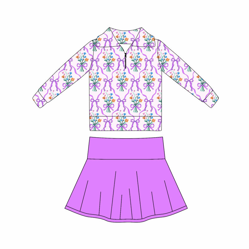 10.20 GLD1416 Pre order No Moq Yoga fabric Baby Girls Bows Flowers Zipper Pullovers Hot Pink Skort Yoga Clothes Set