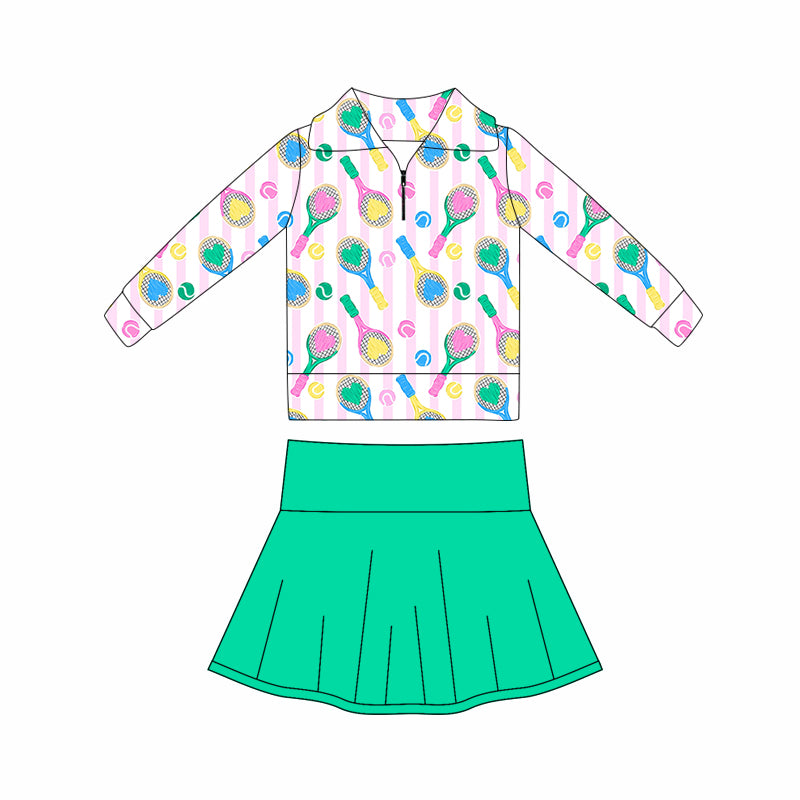 10.20 GLD1417 Pre order No Moq Yoga fabric Baby Girls Hearts Tennis Zipper Pullovers Green Skort Yoga Clothes Set