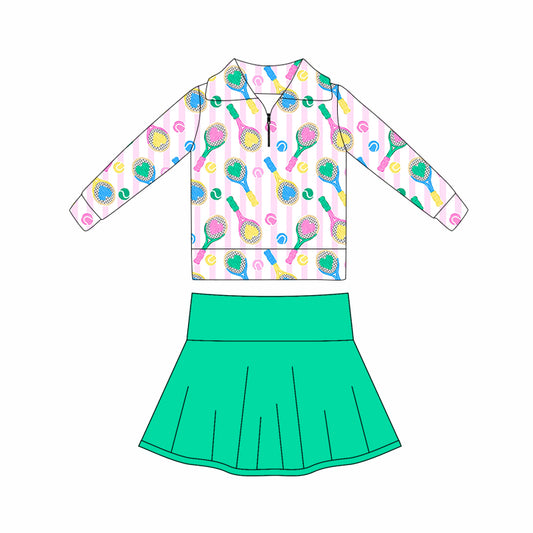 10.20 GLD1417 Pre order No Moq Yoga fabric Baby Girls Hearts Tennis Zipper Pullovers Green Skort Yoga Clothes Set