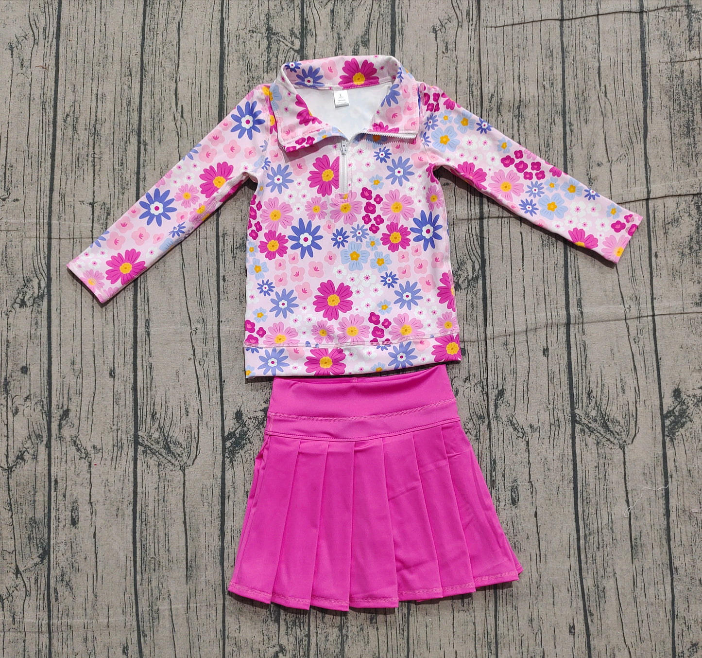 10.31 GLD1418 Sample No Moq Yoga fabric Baby Girls Flowers Zipper Pullovers Pink Skort Yoga Clothes Set
