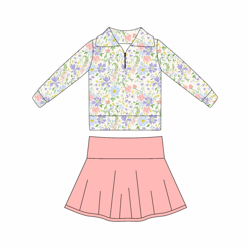 10.20 GLD1420 Pre order No Moq Yoga fabric Baby Girls Pink Bows Stripe Zipper Pullovers Skort Yoga Clothes Set