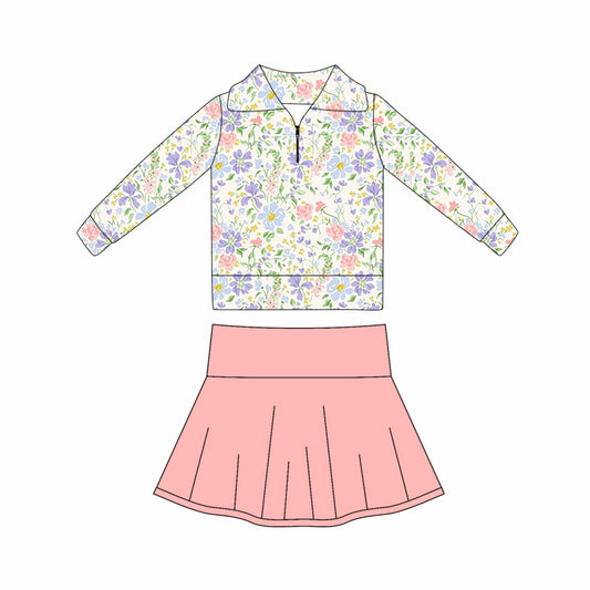 10.20 GLD1420 Pre order No Moq Yoga fabric Baby Girls Pink Bows Stripe Zipper Pullovers Skort Yoga Clothes Set