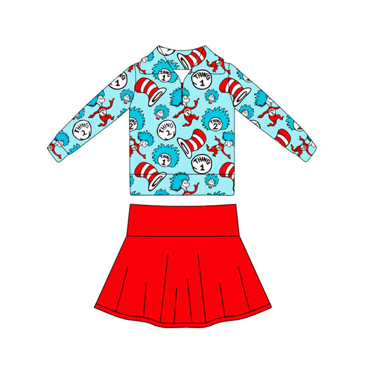 10.23 (Pre Order) No moq GLD1422 PRE-ORDER Yoga fabric Baby Girls Cartoon Mr Reading Pullovers Red Pleated Skorts Yoga Clothes Set