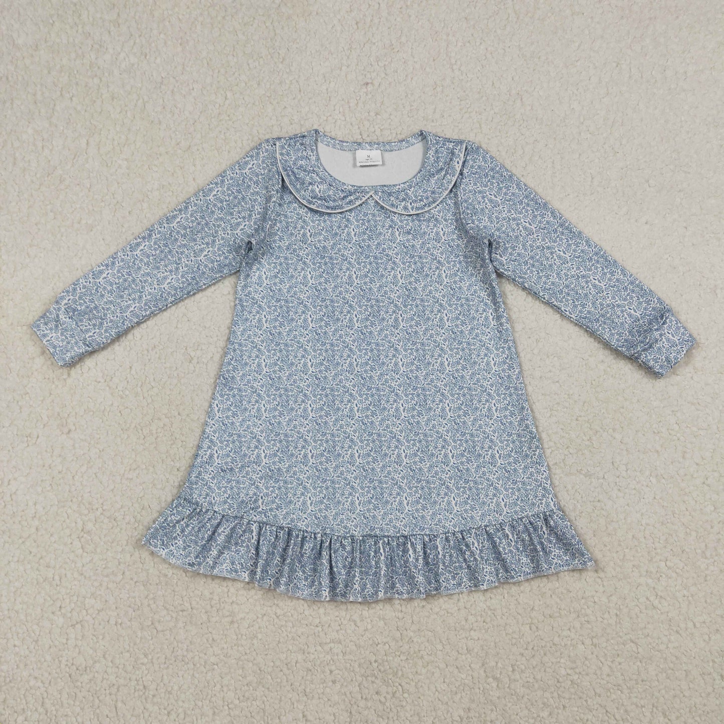 3.21 RTS NO MOQ （In stock）GLD1424 Kids Fashion Clothes Baby Girls Long Sleeve Blue Floral Ruffle Knee Length Dresses
