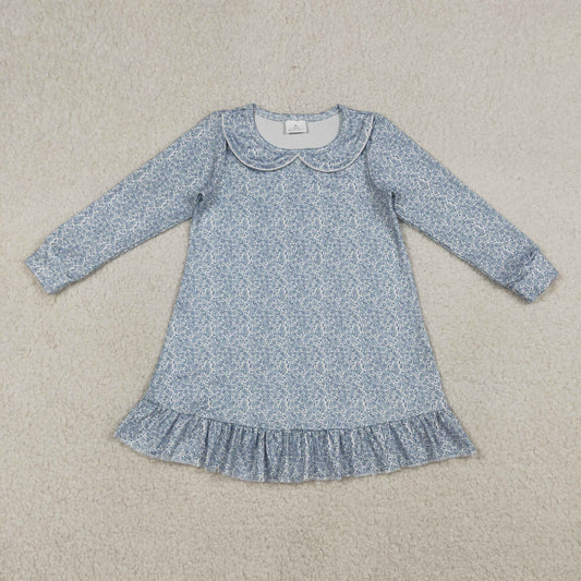 3.21 RTS NO MOQ （In stock）GLD1424 Kids Fashion Clothes Baby Girls Long Sleeve Blue Floral Ruffle Knee Length Dresses