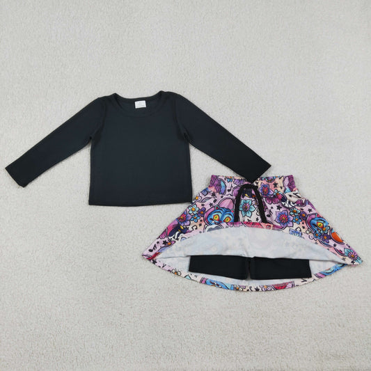 1.16 RTS NO MOQ （In stock）GLD1425 Baby Girls Black Shirt Top Demon Hunter Pockets Skirt Shorts Clothes Sets