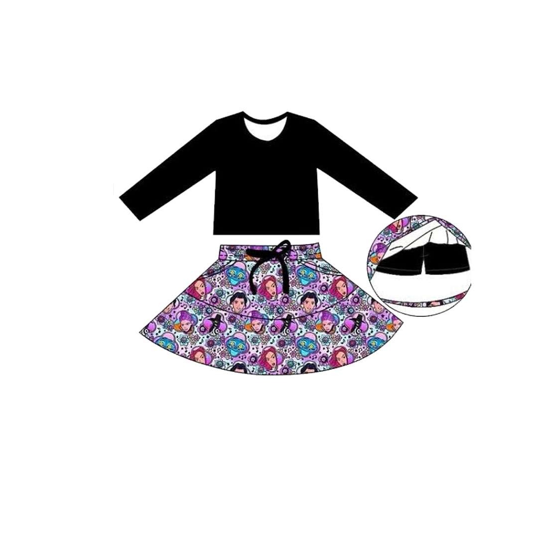 10.28 GLD1425 Pre order No Moq  Yoga fabric Baby Girls Black Long Sleeve Top Cartoon Girls Pockets Skirt Shorts Clothes Sets