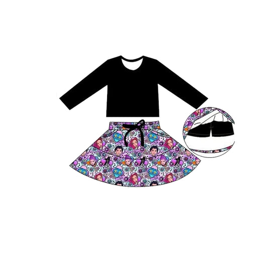 10.28 GLD1425 Pre order No Moq  Yoga fabric Baby Girls Black Long Sleeve Top Cartoon Girls Pockets Skirt Shorts Clothes Sets