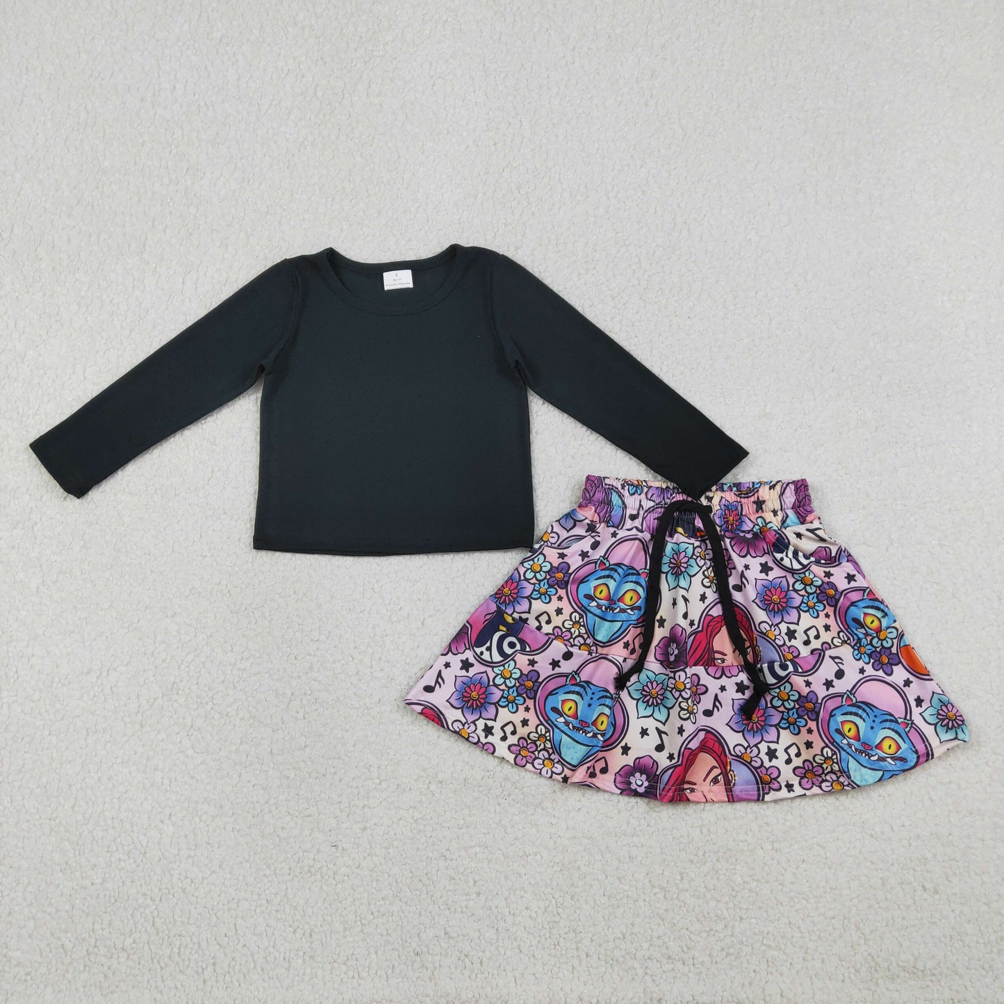 1.16 RTS NO MOQ （In stock）GLD1425 Baby Girls Black Shirt Top Demon Hunter Pockets Skirt Shorts Clothes Sets