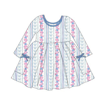 10.31 GLD1427 Pre order No Moq Baby Girls Blue Pockets Flowers Knee length Dresses