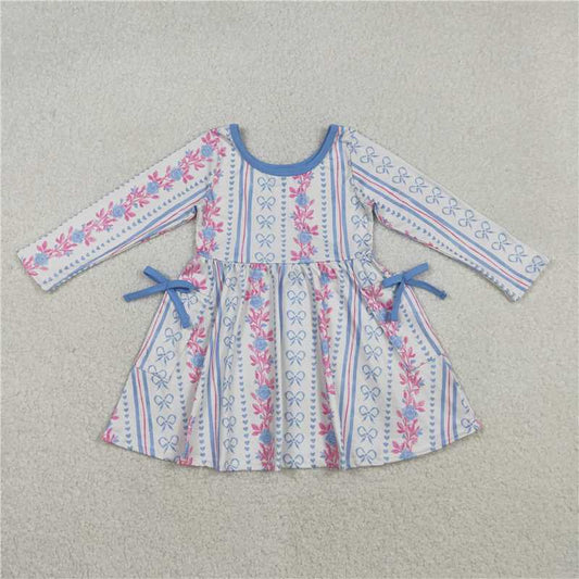 11.29 RTS NO MOQ （In stock）GLD1427 Baby Girls Winter Dress Baby Girls Bows Flowers Stripe Pockets Knee length Dresses