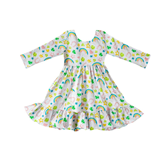 10.31 GLD1430 Pre order No Moq Baby Girls Clovers Rainbows St Patrick Ruffle Knee length Dresses