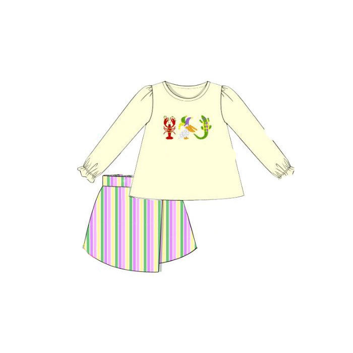 11.1 GLD1431 Pre order No Moq Baby Girls Mardigras Crayfish Crocodiles Tunic Stripe Skirts Clothes Sets