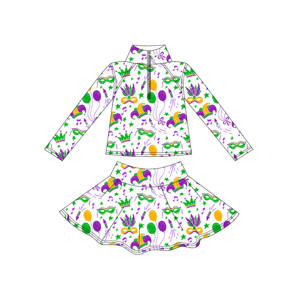 11.3 GLD1432 Pre order No Moq Yoga fabric Baby Girls Mardigras Masks Zipper Pullover Skirt Shorts Yoga Clothes Set