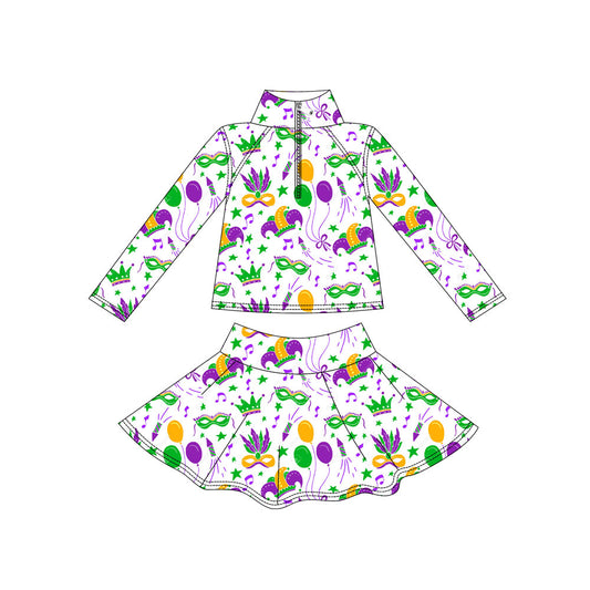 11.3 GLD1432 Pre order No Moq Yoga fabric Baby Girls Mardigras Masks Zipper Pullover Skirt Shorts Yoga Clothes Set