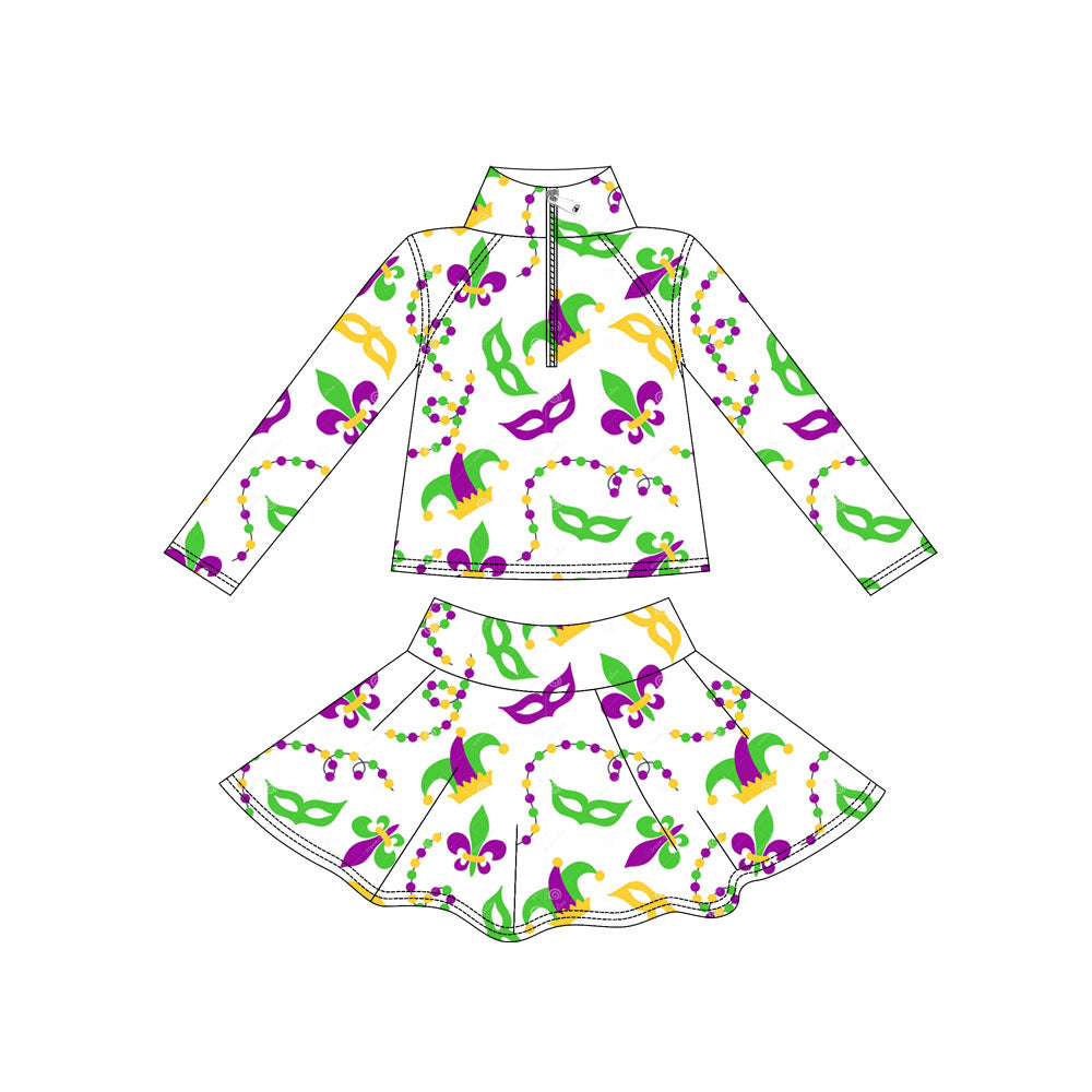 11.3 GLD1437 Pre order No Moq Yoga fabric Baby Girls Mardigras Anchors Masks Zipper Pullover Skirt Shorts Yoga Clothes Set