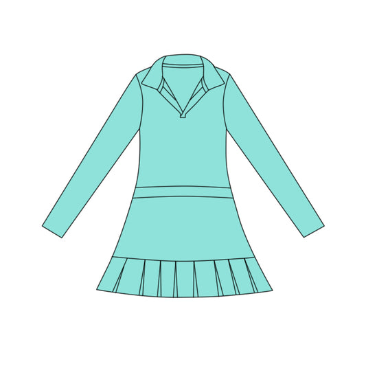 11.3 GLD1442 Pre order No Moq Yoga fabric Baby Girls Aqua Long Sleeve Pleated Ruffle Knee Length Dresses