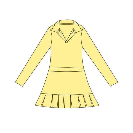 11.3 GLD1444 Pre order No Moq Yoga fabric Baby Girls Yellow Long Sleeve Pleated Ruffle Knee Length Dresses