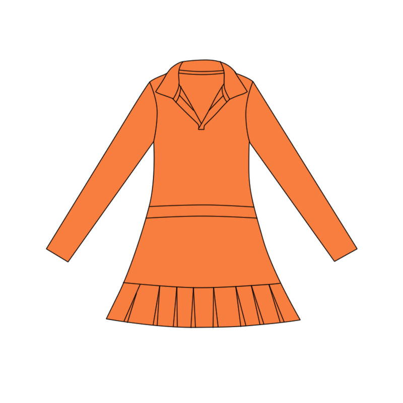 11.3 GLD1445 Pre order No Moq Yoga fabric Baby Girls Orange Long Sleeve Pleated Ruffle Knee Length Dresses
